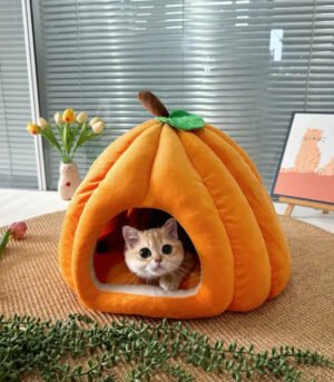 Cozy Pumpkin Pet Cave Bed Winter Plush Washable